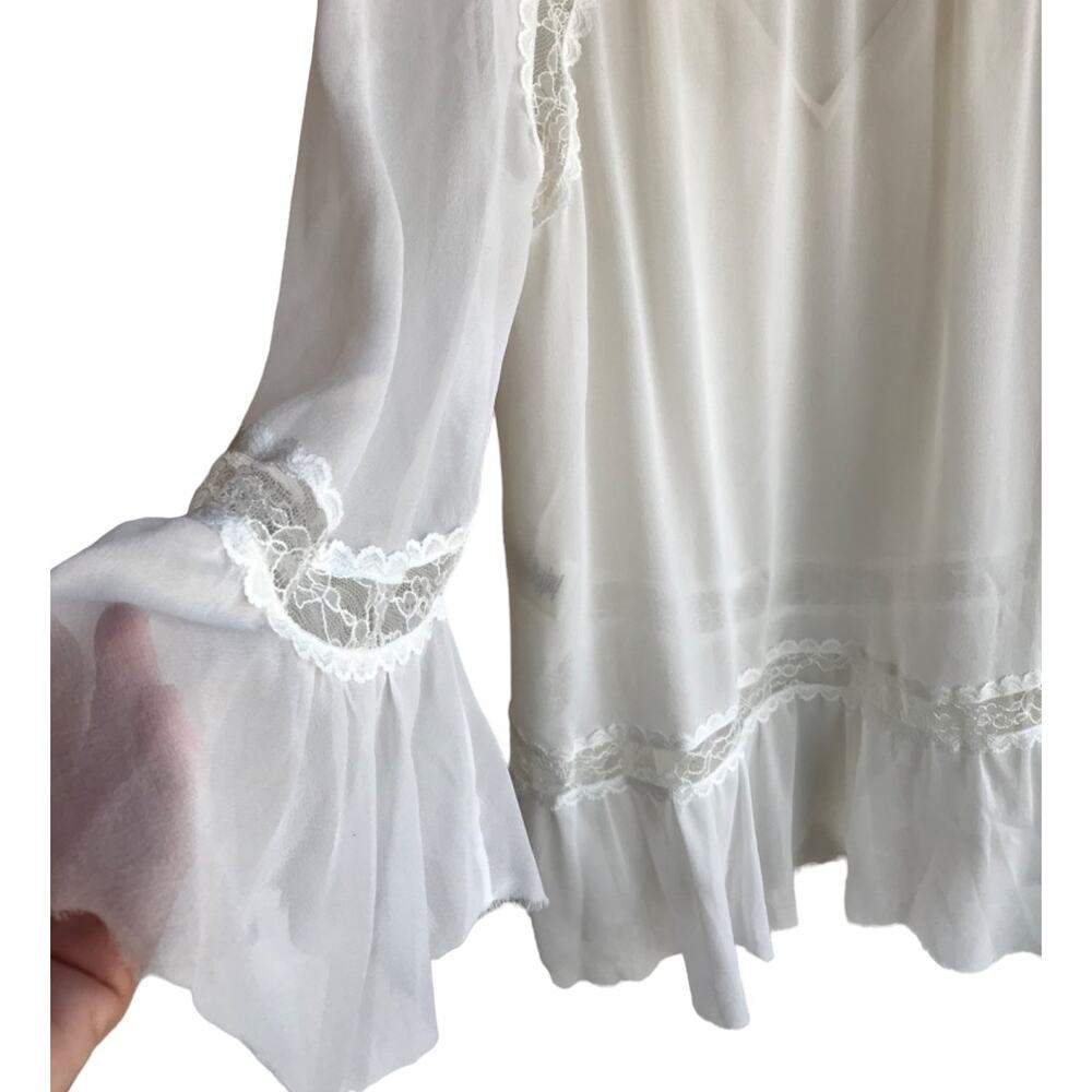 Alice + Olivia White Sheer Silk "Poets Blouse" with Lace, Bell Sleeves size XS - Picture 6 of 10